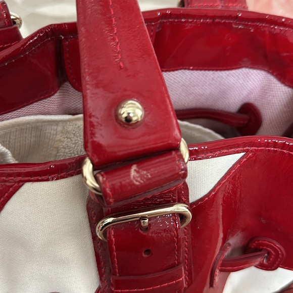 Dooney & Bourke Large Red Patent Leather/White Canvas Striped Tote EUC - Picture 3 of 13